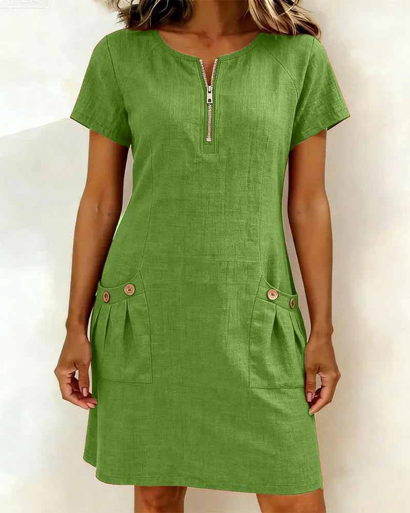 Vestido con cremallera y bolsillo, de algodón y lino