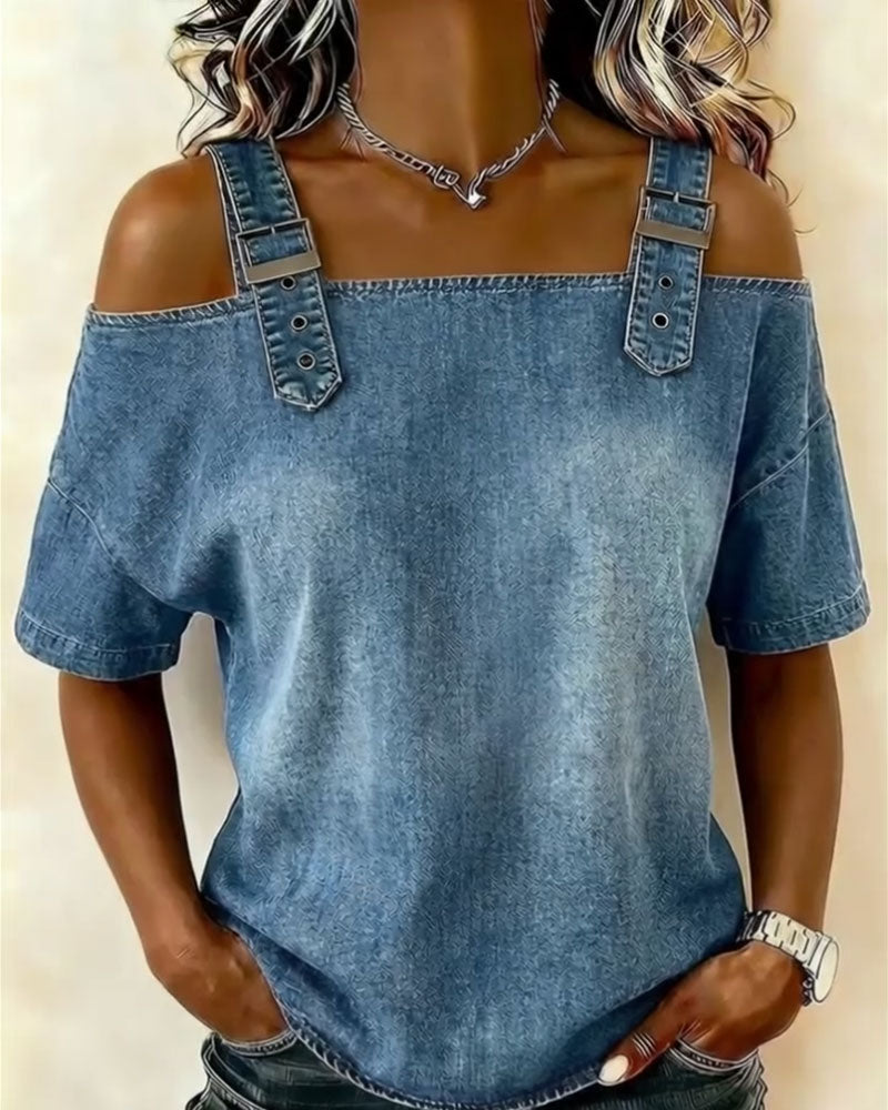 Alejandra | Blusa con hombros al aire y tirantes de denim