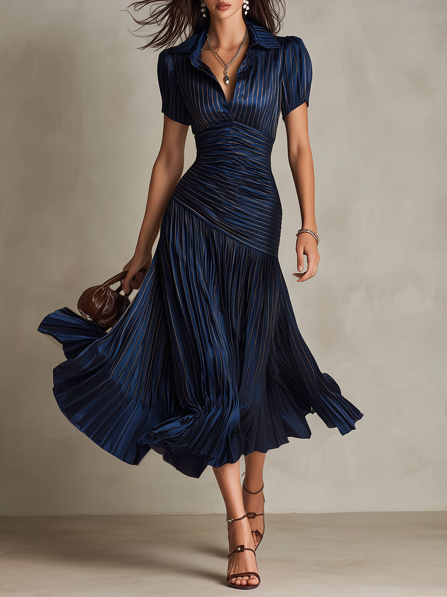Vestido Midi Ajustado con Pliegues de Satén y Rayas Retro