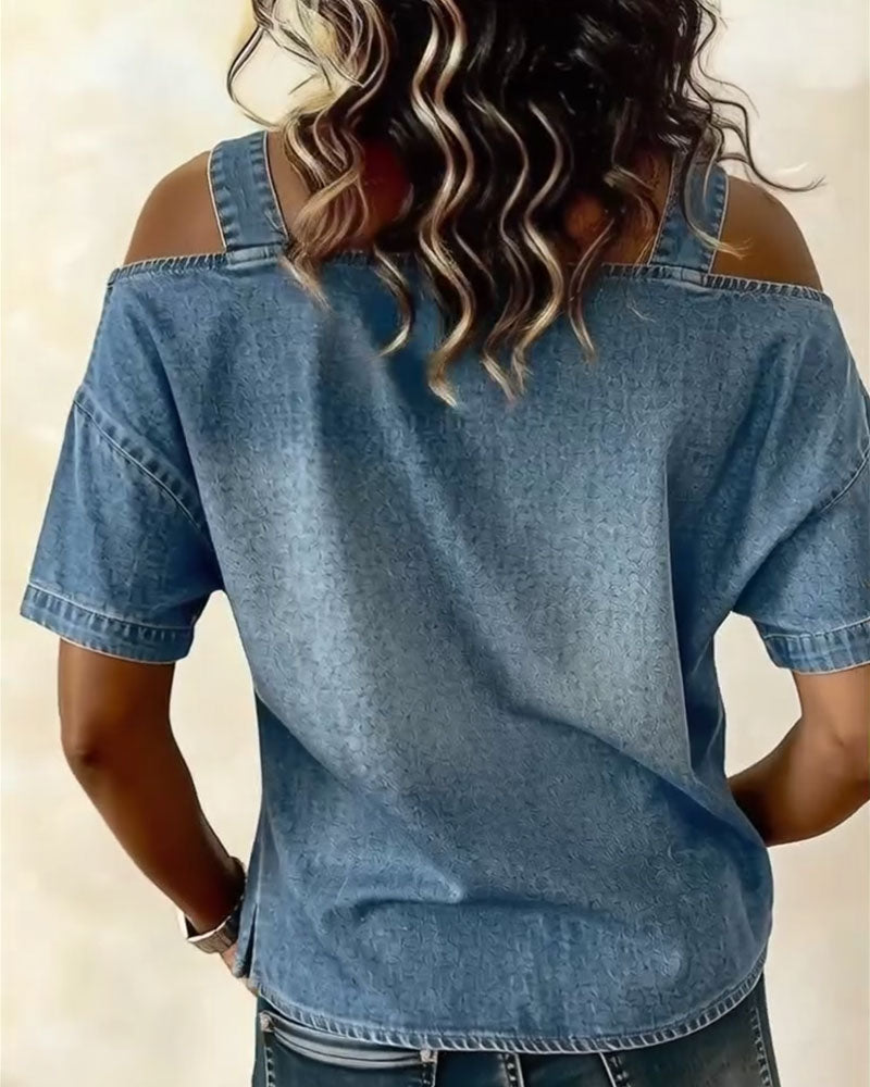 Alejandra | Blusa con hombros al aire y tirantes de denim