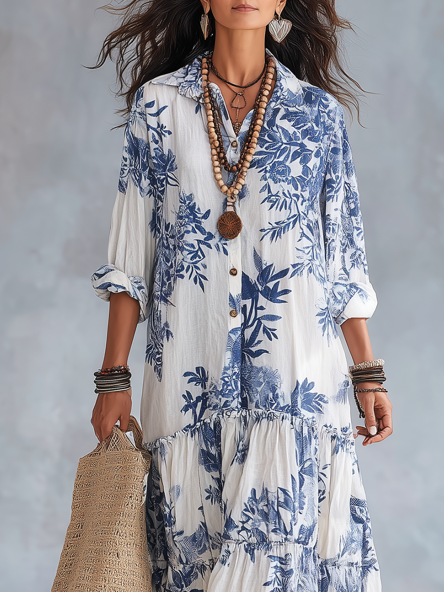 FAYE | Vestido Maxi Floral Azul con Botones