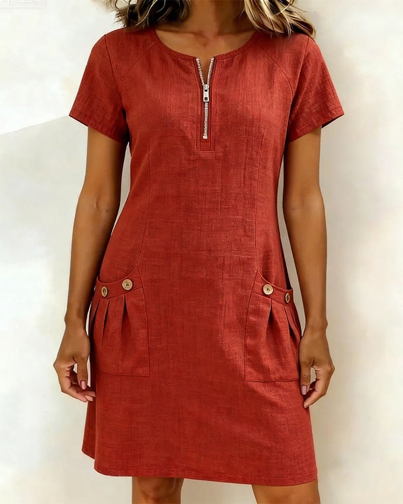 Vestido con cremallera y bolsillo, de algodón y lino