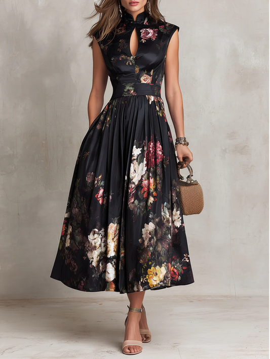 Vestido Midi Elegante de Satén Plisado con Cuello de Ojal