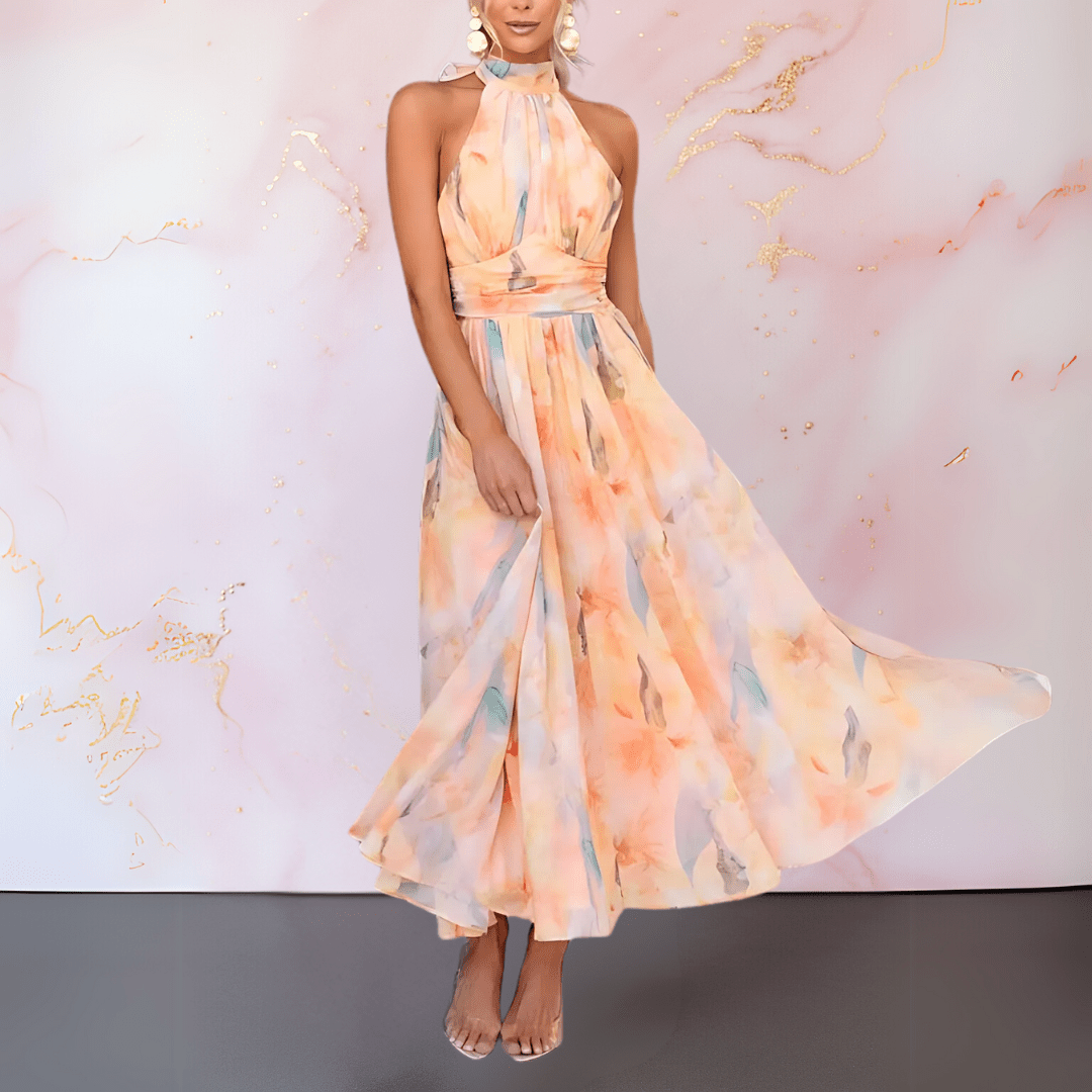 ESTHER | VESTIDO CON ESTAMPADO ACUARELA Y CUELLO HALTER